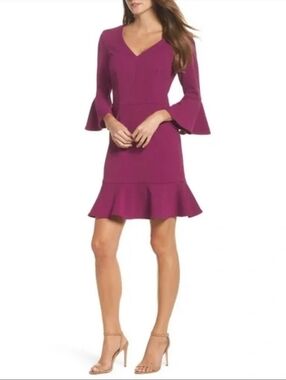 Trina Turk Dress Women 6 Pink (Magenta) Bell Sleeve Ruffle Hem V Neck